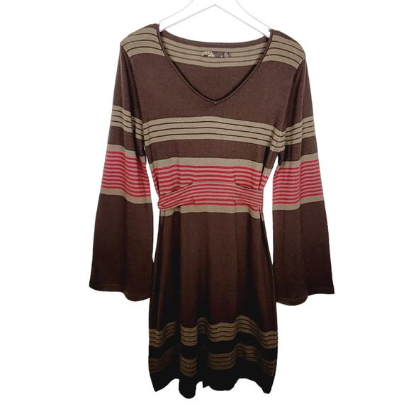 PRANA Brown Striped Sydney Bell Sleeve Belted Knit V-Neck Sweater Dress - M - Picture 2 of 9